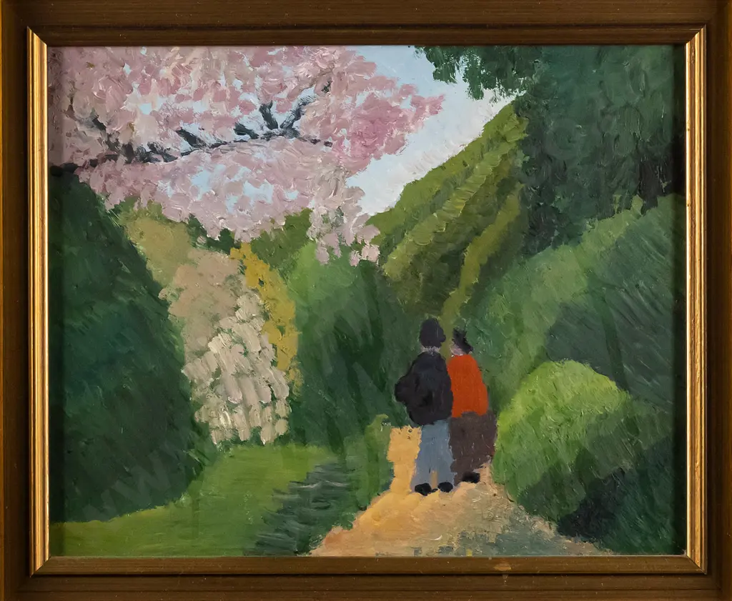 unsigned framed oil - people on path. H-195 W-240 Image 1++