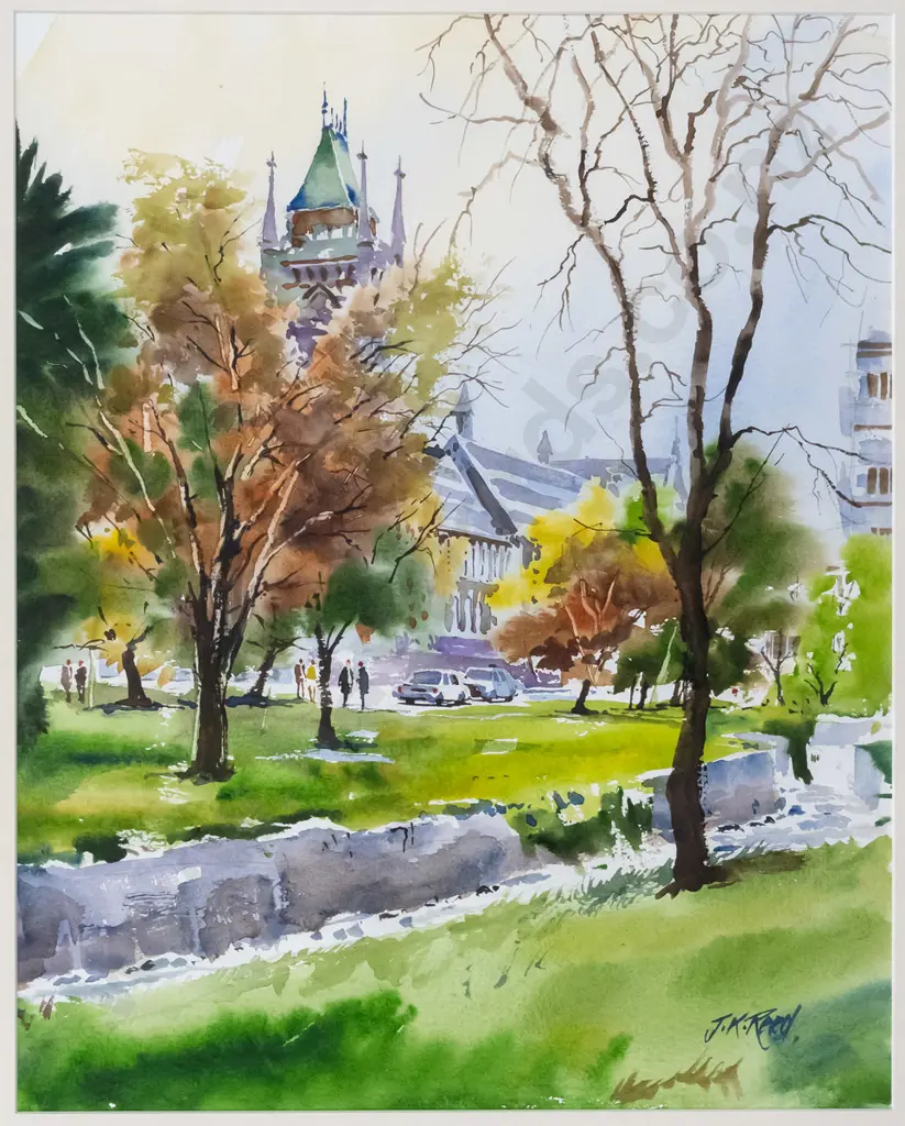 J.K. Reed - framed watercolour - "Student Days, Otago University" H-490 W-390 Image 1++