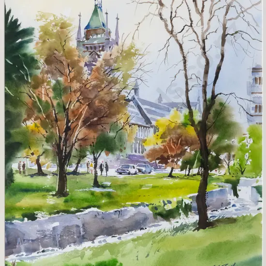 J.K. Reed - framed watercolour - "Student Days, Otago University" H-490 W-390