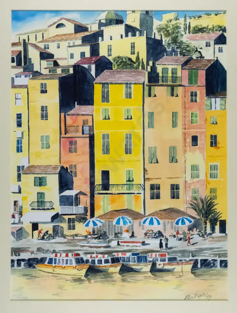 Ron Esplin '99 - framed watercolour - "Portovenere" H-390 W-290 Image 1++