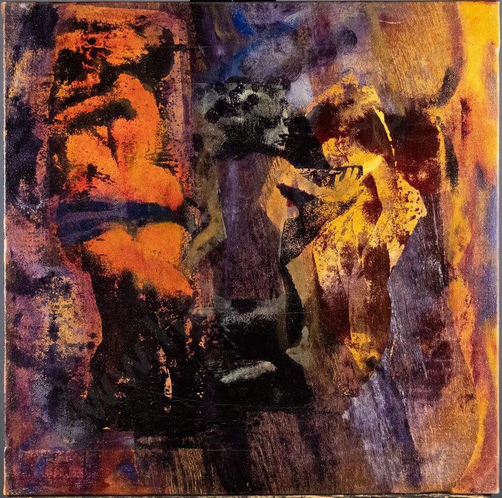 illegible signature - oil on boxed canvas - "She Whispered To Her" H-460 W-460 Image 1++