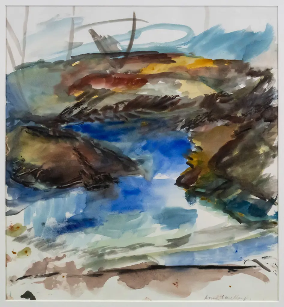Anna Caselberg - framed watercolour - hills and river/lake H-410 W-380 Image 1++
