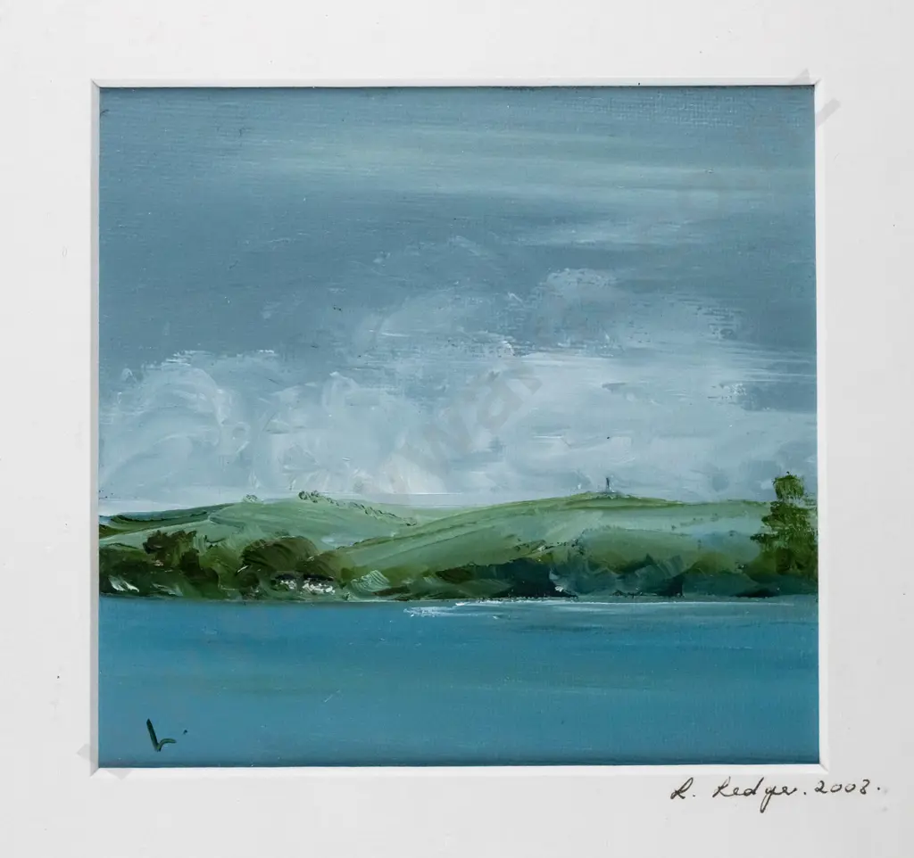L Ledger 2008- framed oil - "Otago Harbour Blues" H-125 W-140 Image 1++