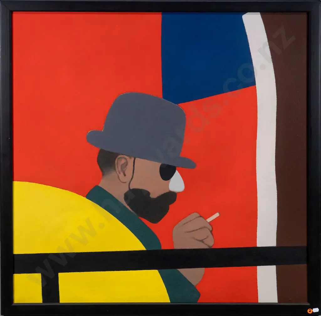 Eion Stevens 2/83 - framed acrylic on cheesecloth on board - "Aesthete surrounded by compositional devices" H-855 W-855 Image 1++