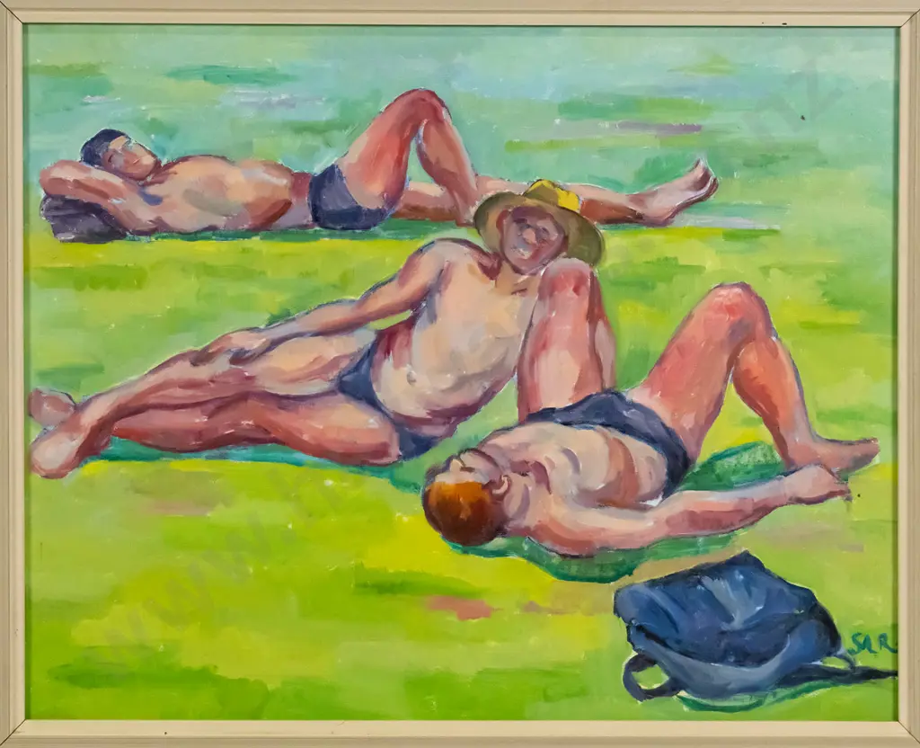 Sarah Rees 1997 - framed acrylic - "Sunbathers" H-390 W-490 Image 1++