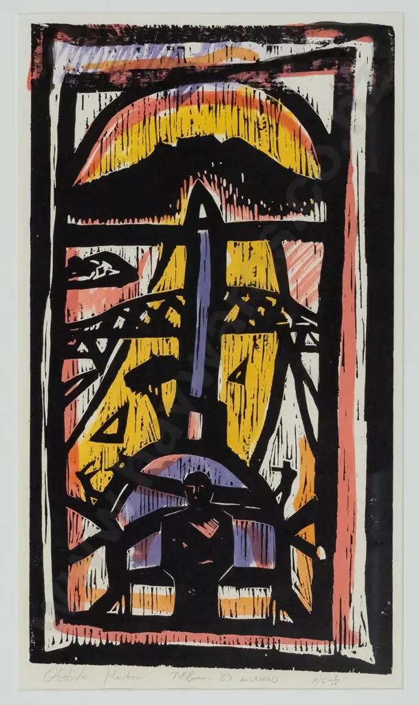 Nigel Brown 85 - framed hand coloured woodcut on paper 6/10 "Obelisk Harbour" H-540 W-300 Image 1++