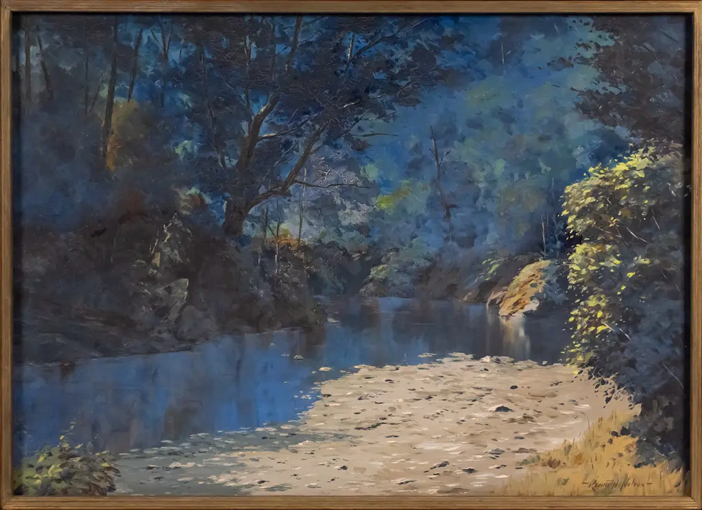 Kenneth Nelson 1979 - framed oil - "Still Water, Trotter's Gorge" - some aging to paint H-460 W-640 Image 1++