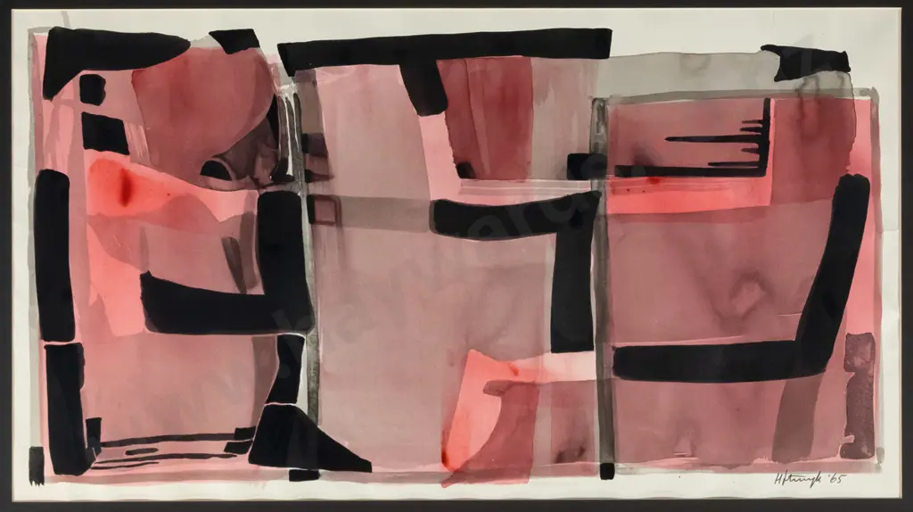 illegible signature '65 - framed watercolour - abstract H-340 W-610 Image 1++