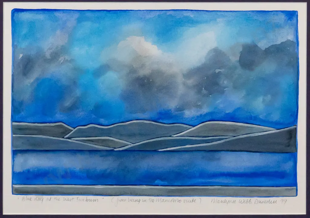 Marilynn Webb Dunedin '99 - framed mixed media - "Blue day at the West Eweburn" H-240 W-370 Image 1++