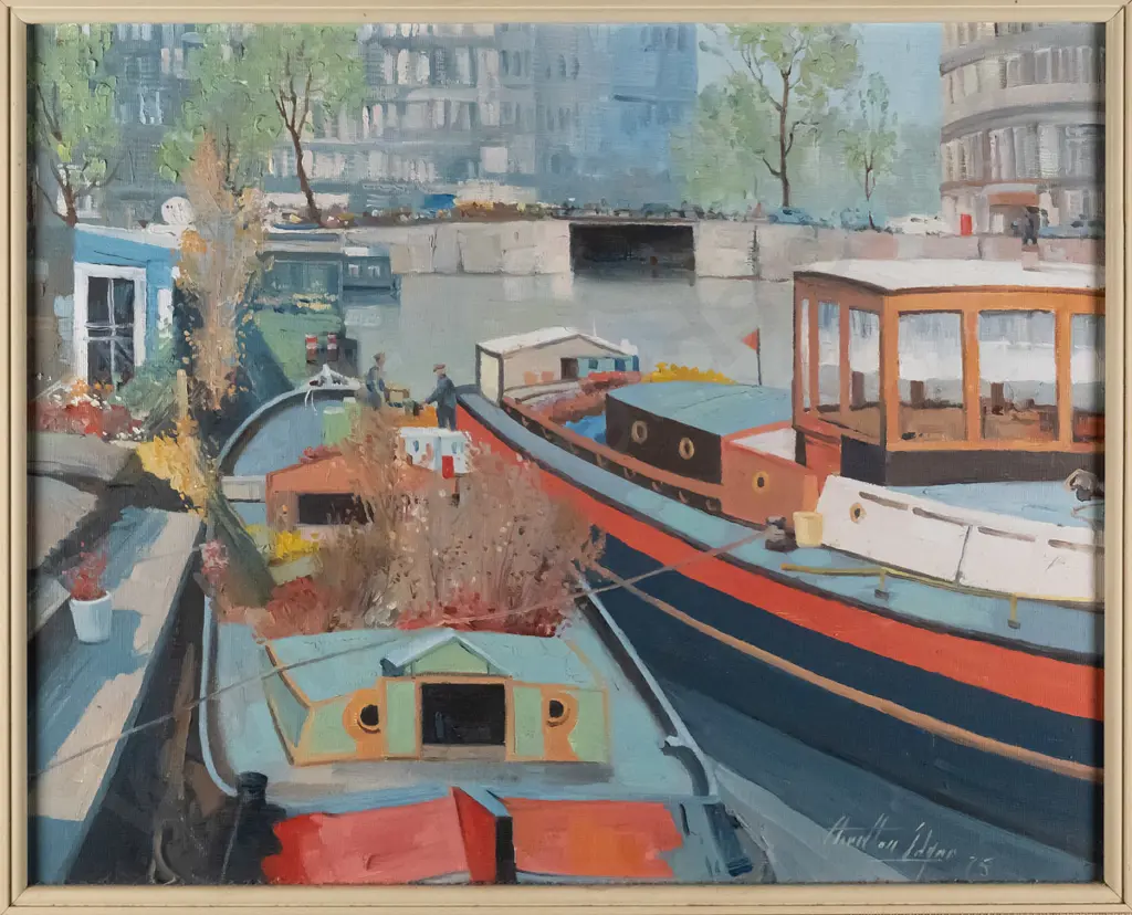 Charlton Edgar 75 - framed oil - "Barges Amsterdam" H-310 W-390 Image 1++