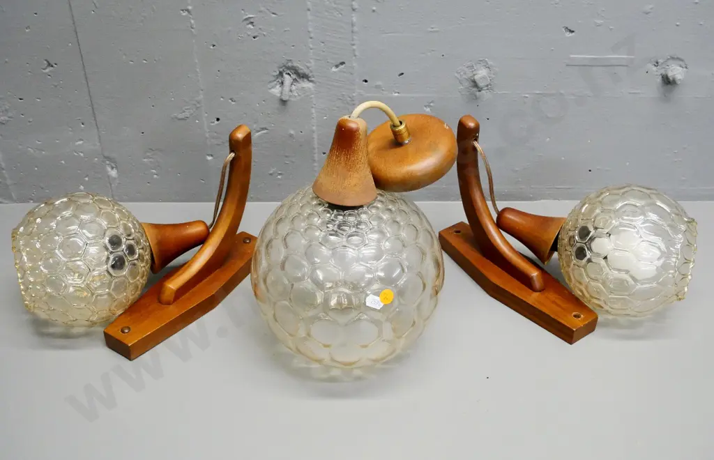 set of 3 bubble glass ball light fittings with wood mounting hardware - centre ceiling light H300 and 2 wall sconces Image 1++