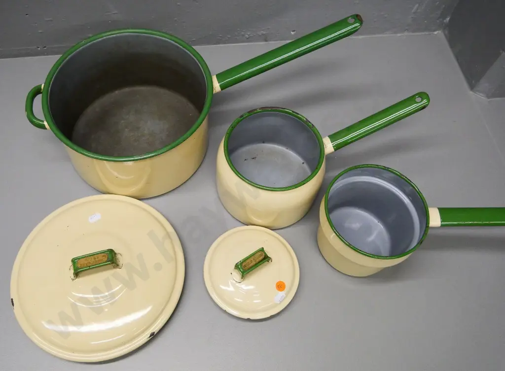 Judgeware cream and green enamel ware - large pot and a double boiler - some chips to enamel Image 1++