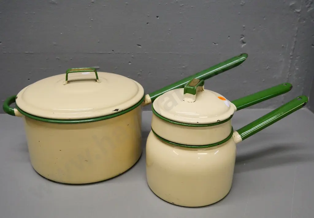 Judgeware cream and green enamel ware - large pot and a double boiler - some chips to enamel Image 1++