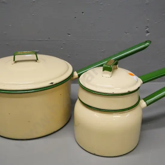 Judgeware cream and green enamel ware - large pot and a double boiler - some chips to enamel