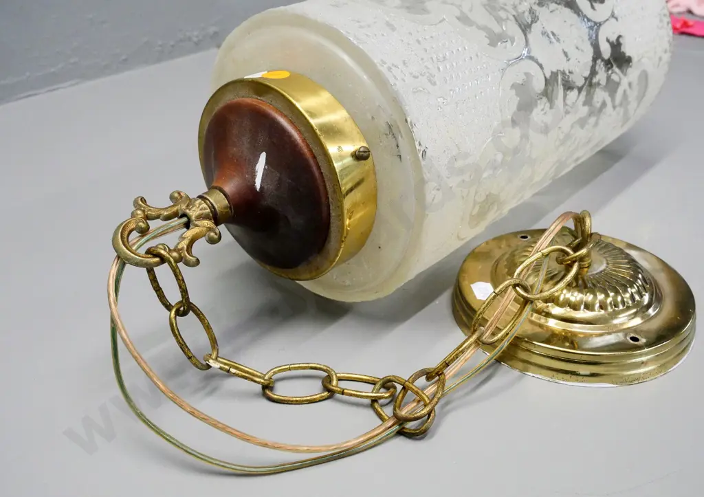 moulded glass, brass and wood hanging light fitting with journal - H-500 Diameter approx 180 Image 1++