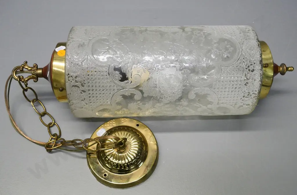 moulded glass, brass and wood hanging light fitting with journal - H-500 Diameter approx 180 Image 1++