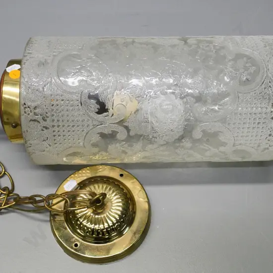 moulded glass, brass and wood hanging light fitting with journal - H-500 Diameter approx 180