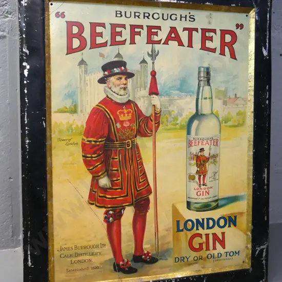 Beefeater gin tin advertising - has dents and general wear and tear H-640 W-530