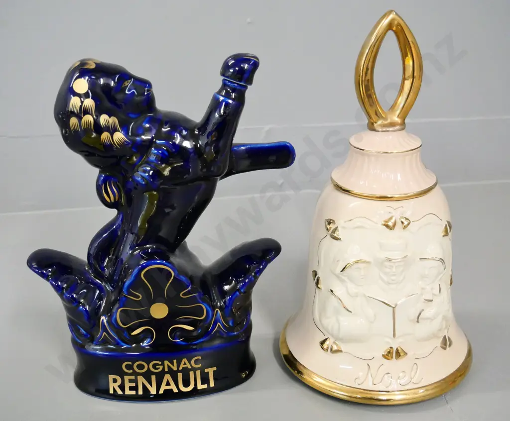 2 decanters - Limoges Renault branded cognac, repair to stopper & Jim Beam wind-up musical Noel bell (both empty) Image 1++