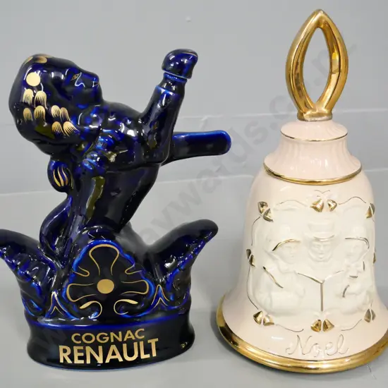 2 decanters - Limoges Renault branded cognac, repair to stopper & Jim Beam wind-up musical Noel bell (both empty)