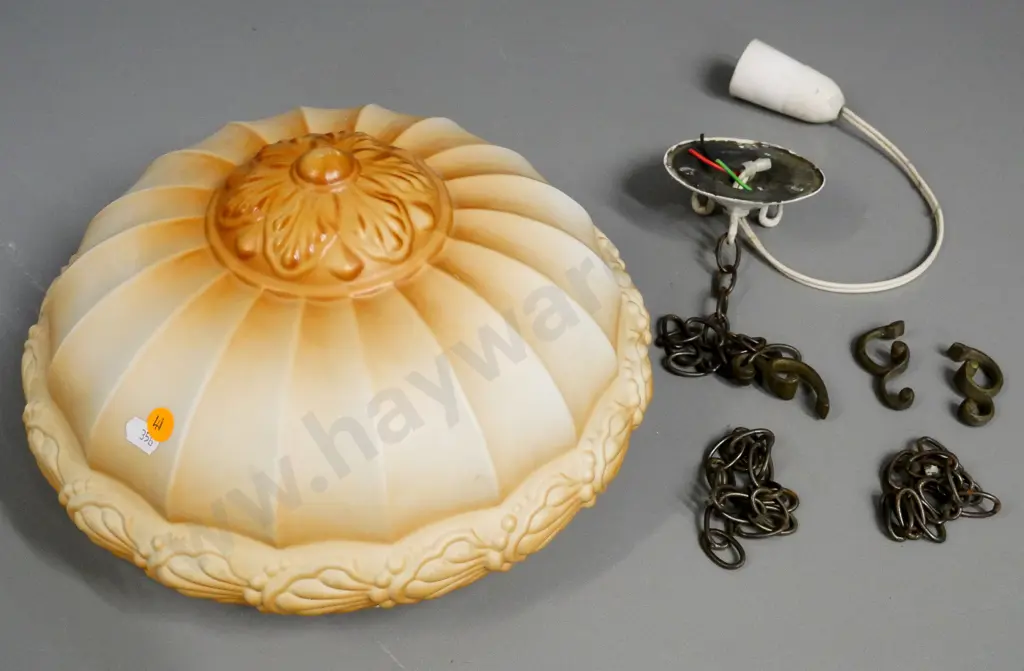 painted & frosted glass ceiling light fitting with chains and clips - some chips to rim of shade - diameter 320 Image 1++