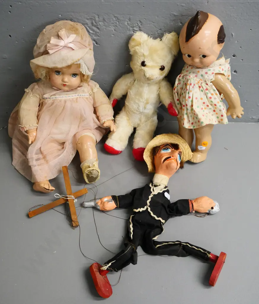 2 vintage papier mache or composite dolls, a vintage Twyford Teddy bear and a marionette - all have wear and/or damage Image 1++