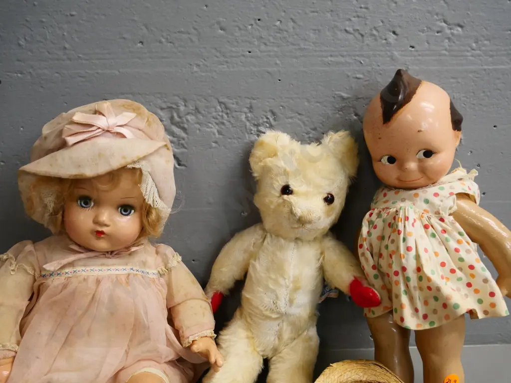 2 vintage papier mache or composite dolls, a vintage Twyford Teddy bear and a marionette - all have wear and/or damage Image 1++
