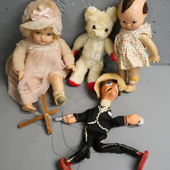 2 vintage papier mache or composite dolls, a vintage Twyford Teddy bear and a marionette - all have wear and/or damage