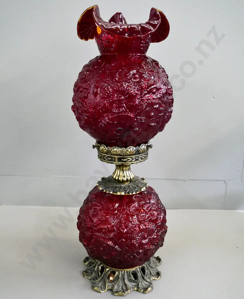 retro brass and moulded ruby glass large table lamp - cord has been cut. H-585 Image 1++
