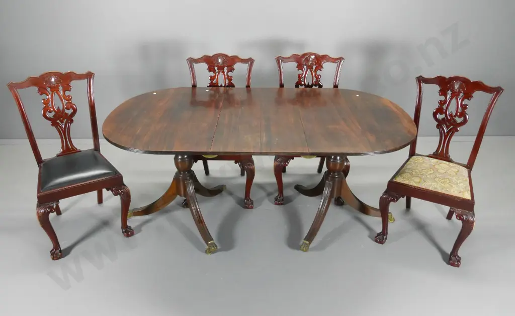 mahogany double pedestal dining table w/leaf, locking brackets, brass ball & claw feet H750 W98  0 L1680 some splitting Image 1++