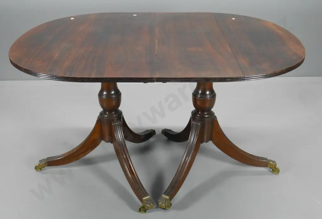 mahogany double pedestal dining table w/leaf, locking brackets, brass ball & claw feet H750 W98  0 L1680 some splitting Image 1++