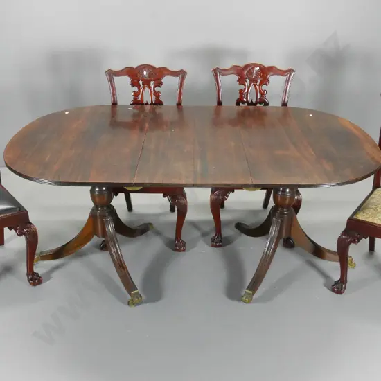 mahogany double pedestal dining table w/leaf, locking brackets, brass ball & claw feet H750 W98  0 L1680 some splitting