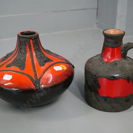 2 German pottery red-glaze and rough textured vases - jug H-160
