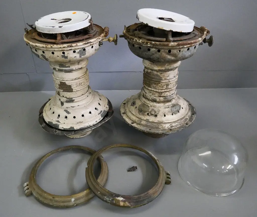two restorer's NZR gas lamps - one with bent base, no glass, other missing bottom cowl H-440 without glass dome Image 1++