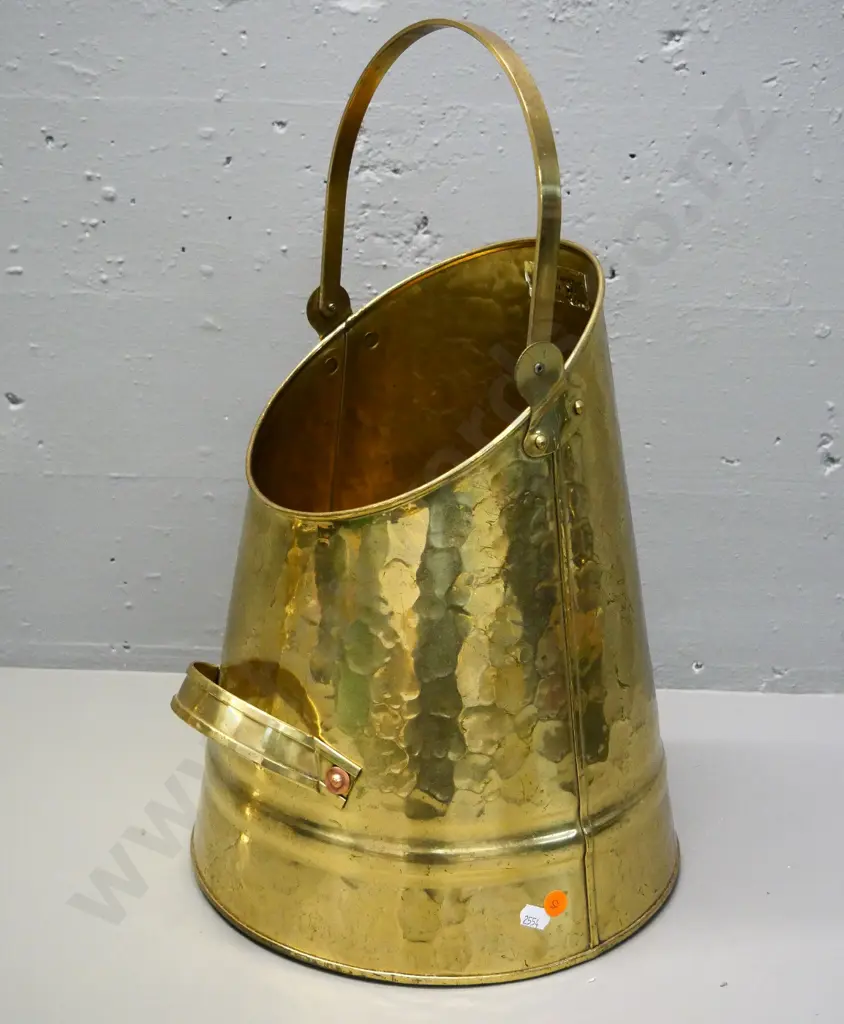 beaten brass coal scuttle with Tinware Dunedin label H-390 with handle down Image 1++