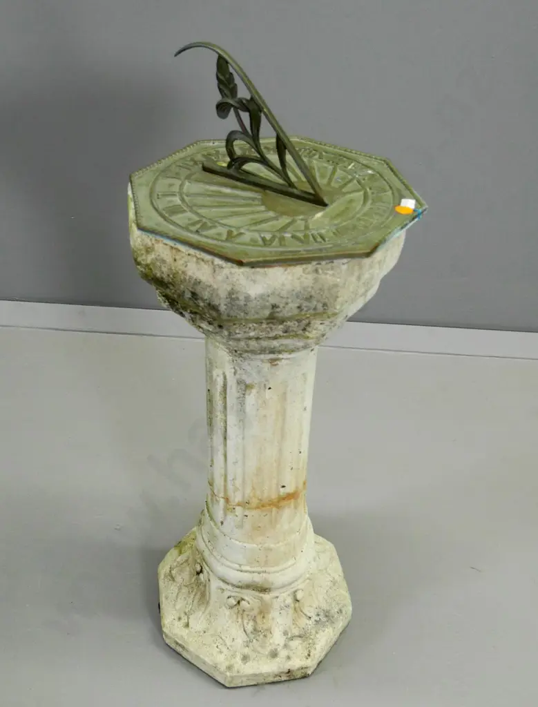 cast brass octagonal sundial on carved Oamaru stone column base  - has mend to base H-620 W-250 Image 1++