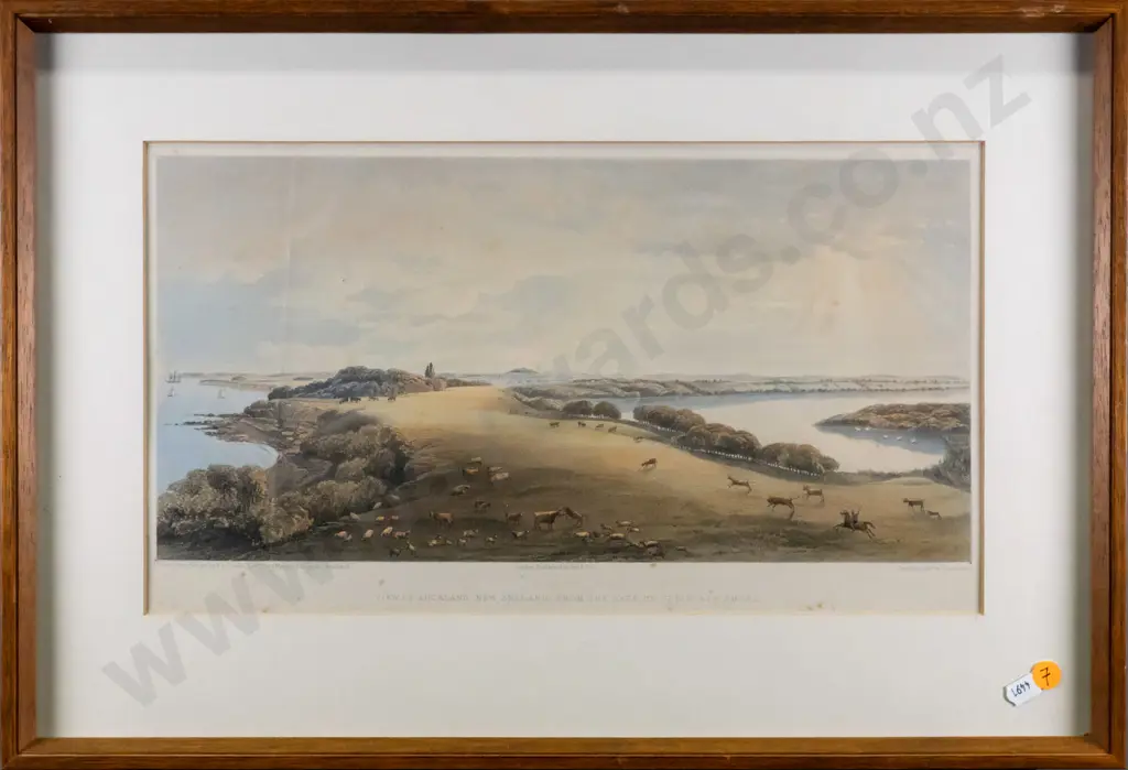 framed lithograph - view of Auckland from North Shore - artist F.R. Stack, pub. Day & Son, crease & foxing H230 W420 Image 1++