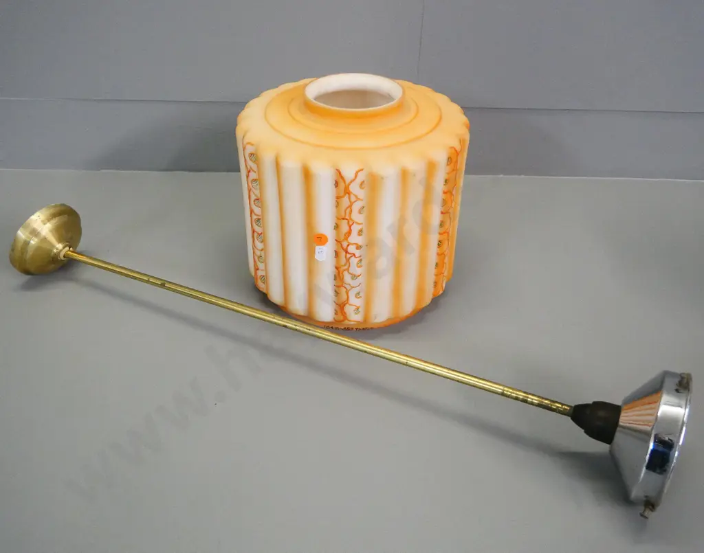 vintage hand-decorated ribbed orange glass light fitting H-240 with chrome journal and brass hanging rod L-680 Image 1++
