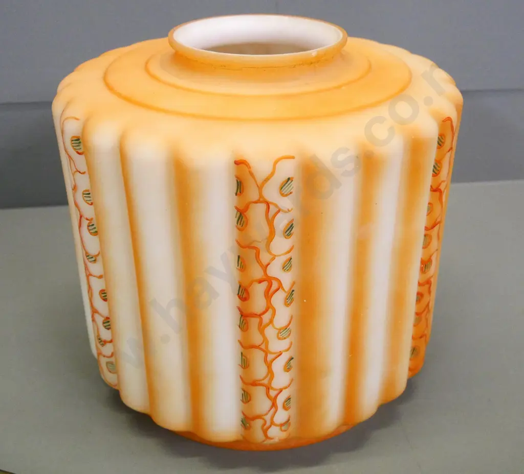 vintage hand-decorated ribbed orange glass light fitting H-240 with chrome journal and brass hanging rod L-680 Image 1++