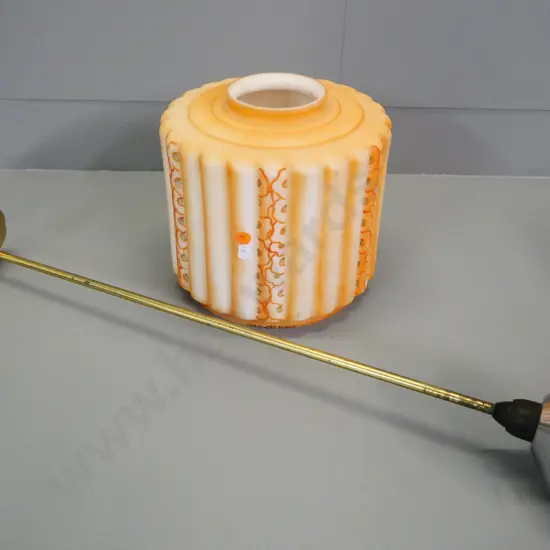 vintage hand-decorated ribbed orange glass light fitting H-240 with chrome journal and brass hanging rod L-680