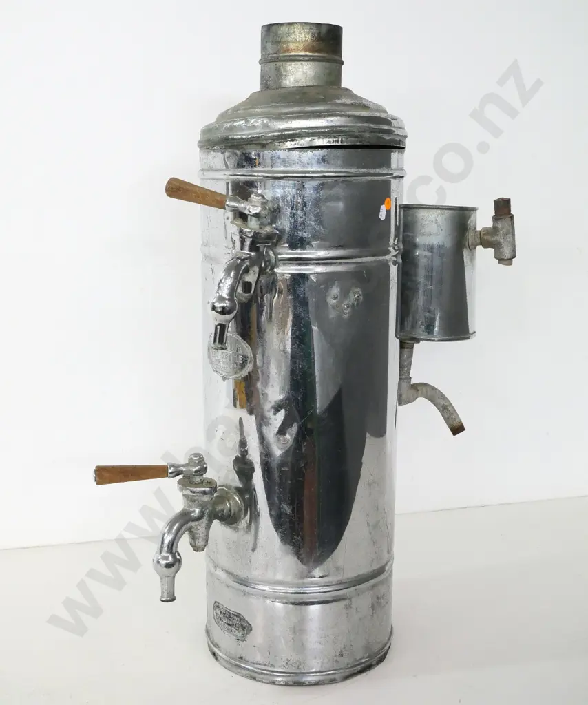large chrome "The Wunda" tea kettle with 2 spigots and float valve - J. Mercer Coppersmiths Christchurch plaque H-820 Image 1++