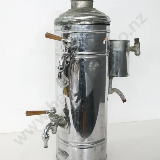 large chrome "The Wunda" tea kettle with 2 spigots and float valve - J. Mercer Coppersmiths Christchurch plaque H-820