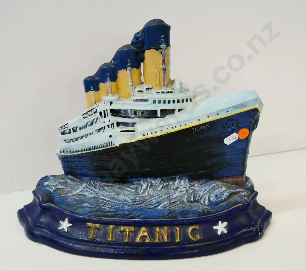 painted cast iron Titanic door stop - Wright Studios moulded into back Image 1++