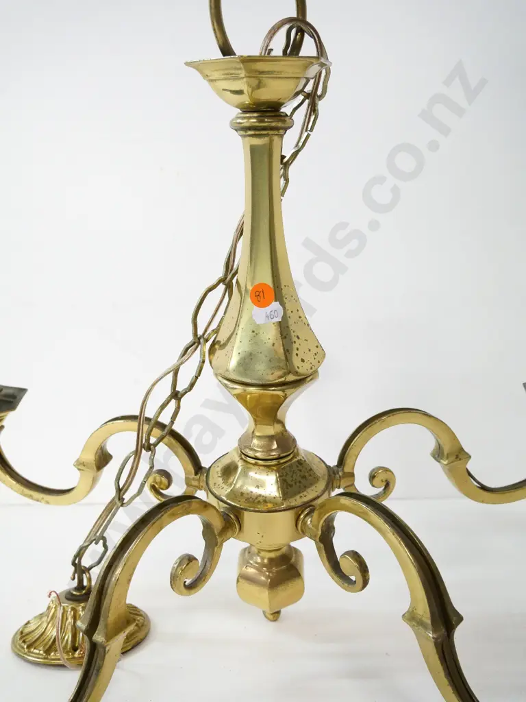 pair of brass ceiling light fittings - brass journals don't match, missing white candle surrounds, some pitting D-540 Image 1++