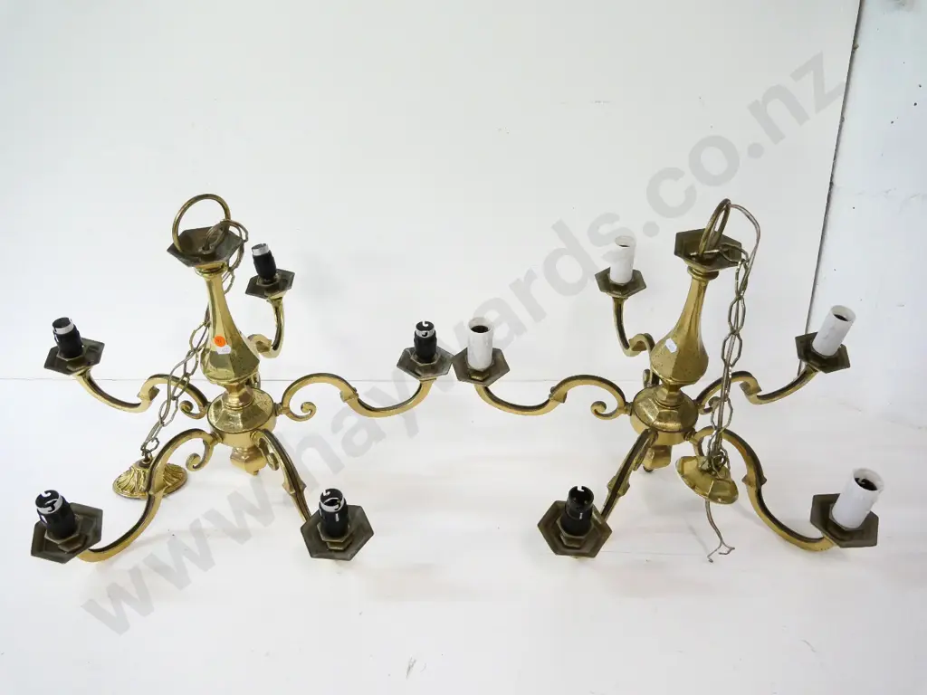 pair of brass ceiling light fittings - brass journals don't match, missing white candle surrounds, some pitting D-540 Image 1++