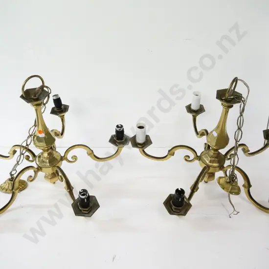 pair of brass ceiling light fittings - brass journals don't match, missing white candle surrounds, some pitting D-540