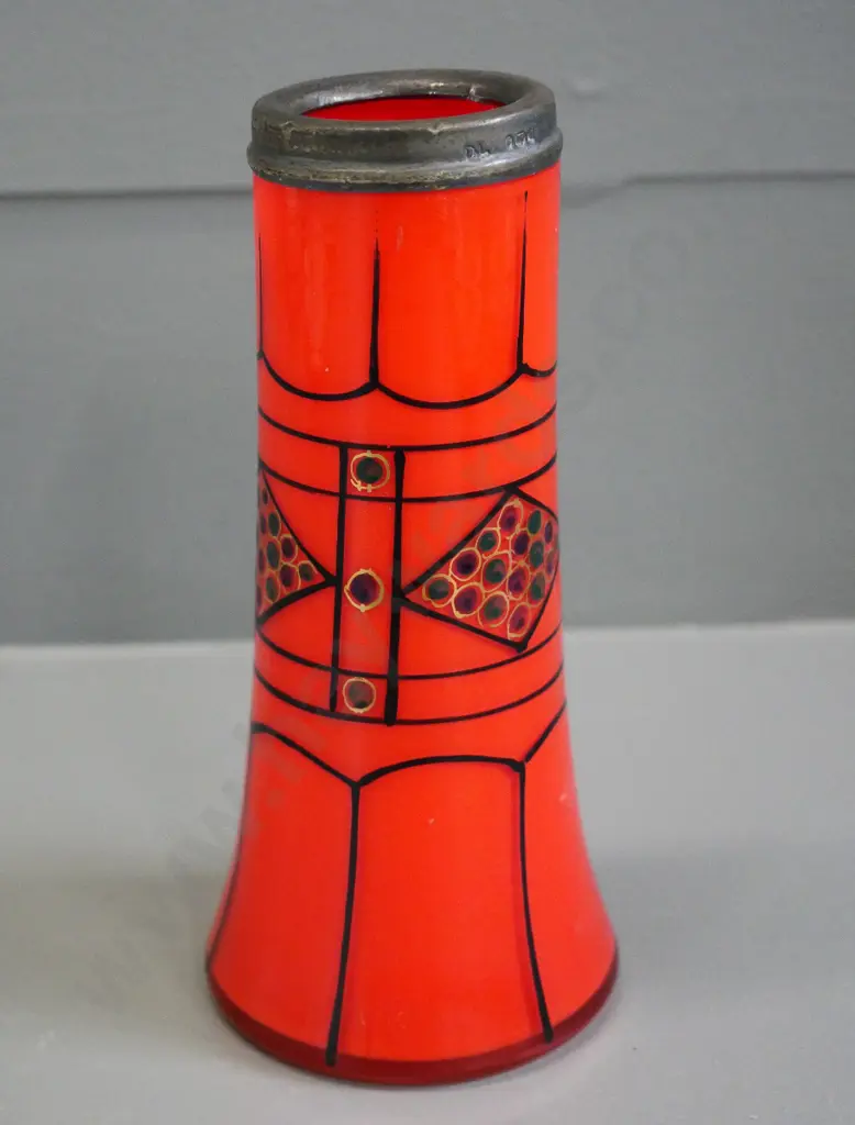 vintage deco hand painted red glass vase with sterling silver rim H-150 Image 1++