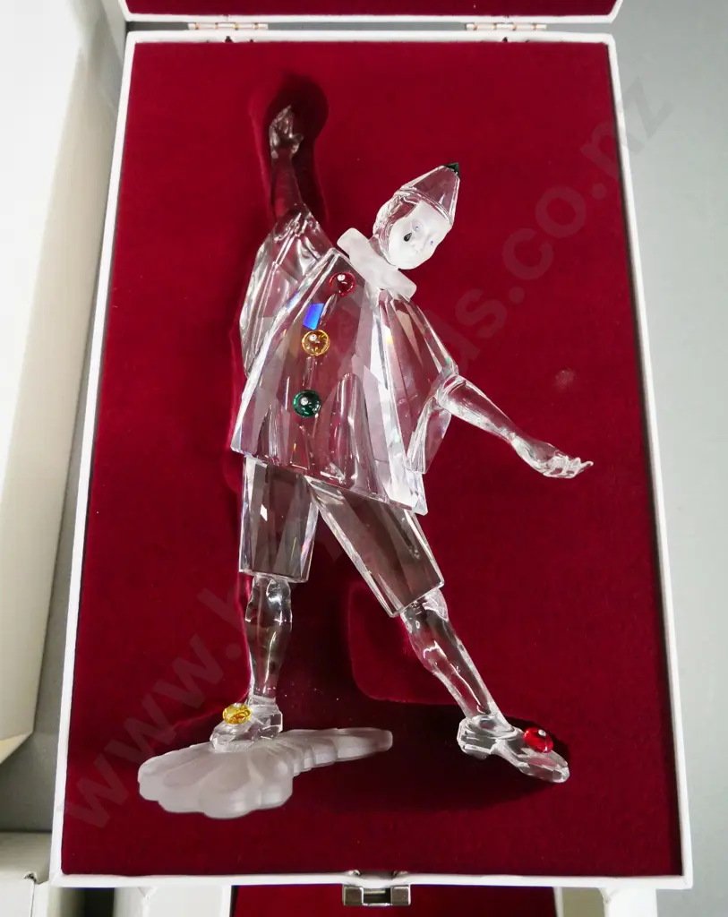 Swarovski 1999 Masquerade Pierrot figure H-200 in fitted case w/outer box & additional boxed plaque Image 1++