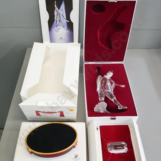 Swarovski 1999 Masquerade Pierrot figure H-200 in fitted case w/outer box & additional boxed plaque