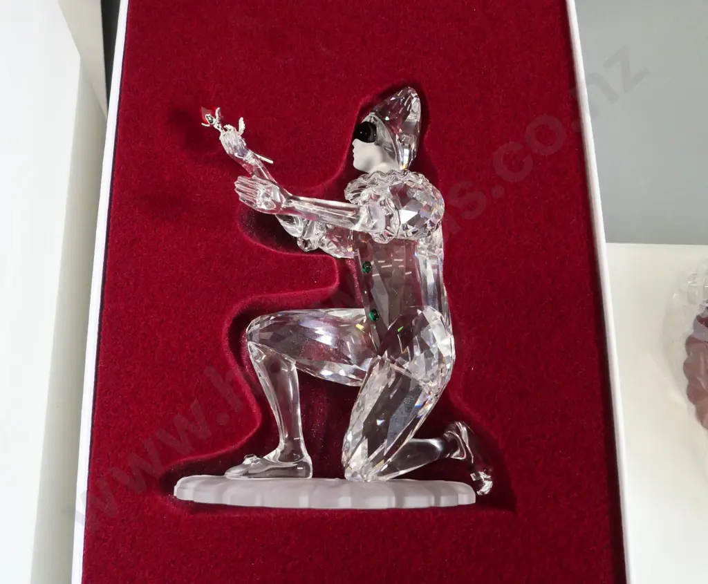 Swarovski 2001 Masquerade Harlequin figure H-130 in fitted case w/outer box & additional boxed plaque Image 1++